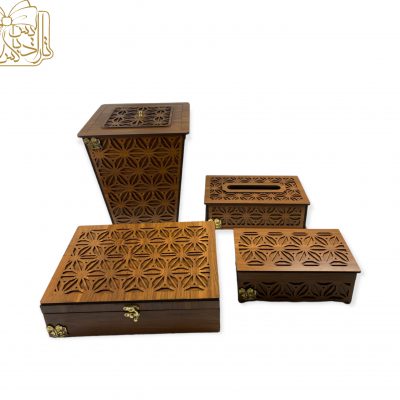 ست چوبی لوازم پذیرایی گلین، شامل جادستمال کاغذی، جا قاشقی، جعبه آجیل و خشکبار و سطل زباله مدل TSET-01