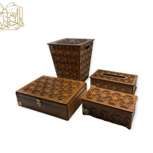 ست چوبی لوازم پذیرایی گلین، شامل جادستمال کاغذی، جا قاشقی، جعبه آجیل و خشکبار و سطل زباله مدل TSET-01